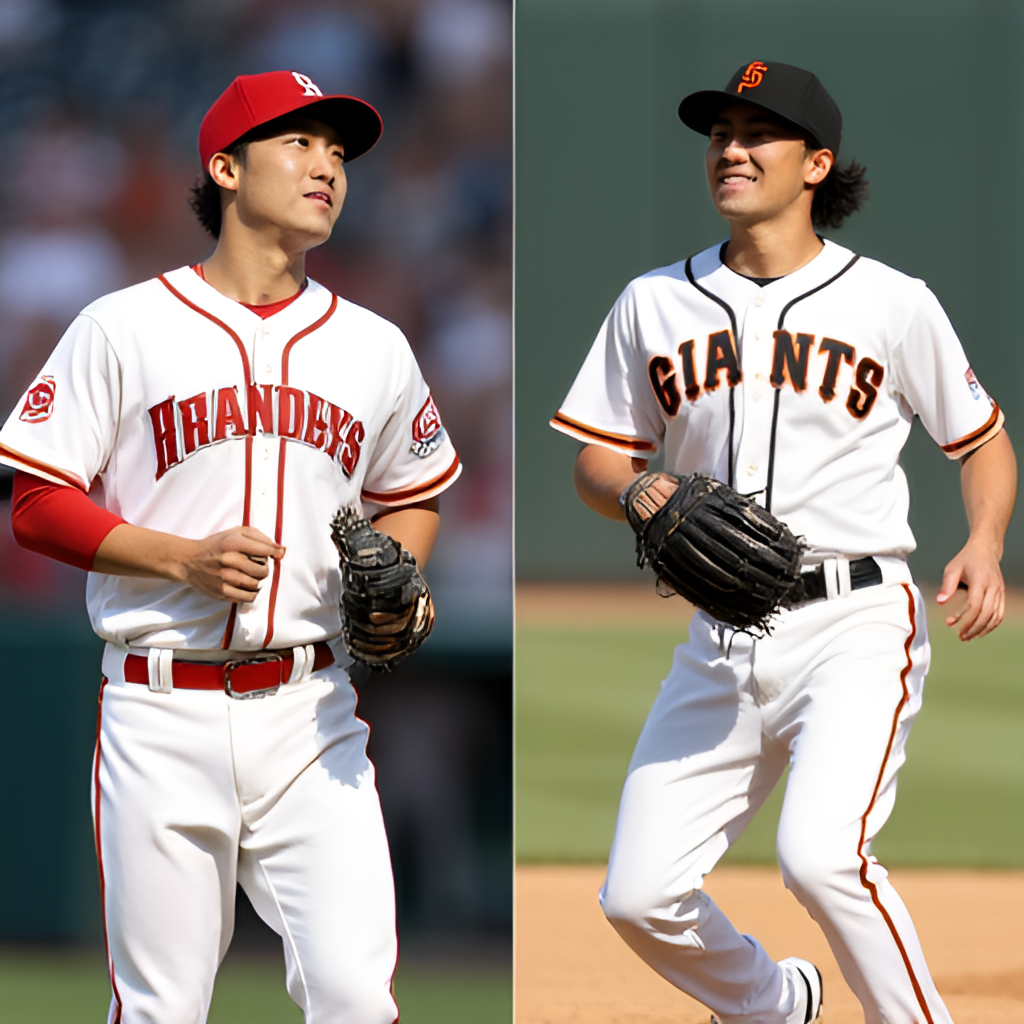 A split image showing Jung Hoo Lee in his Kiwoom Heroes uniform celebrating a play (on the left) and him in his San Francisco Giants uniform making a catch or fielding a ball (on the right), illustrating his transition from KBO to MLB. The style should be photorealistic.