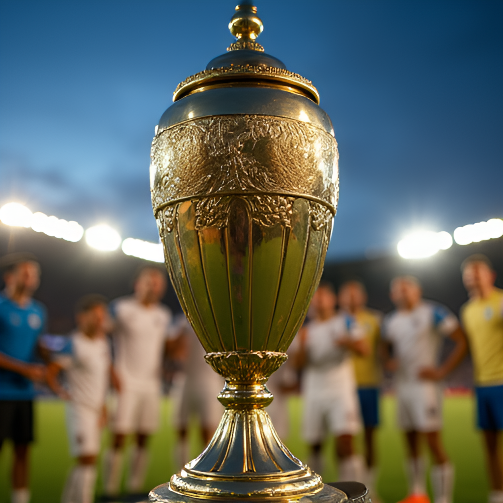 A close-up shot of the Copa Sudamericana trophy, gleaming under stadium lights, with celebrating players in the blurred background