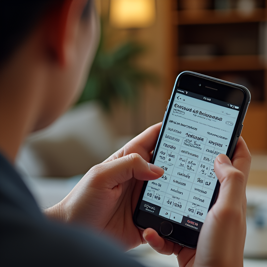 A person checking lottery results on a smartphone or computer, with a focused expression. The screen displays a grid of numbers and text indicating 'Resultados Lotería de Manizales'. The background is a cozy home setting, conveying a sense of personal verification.