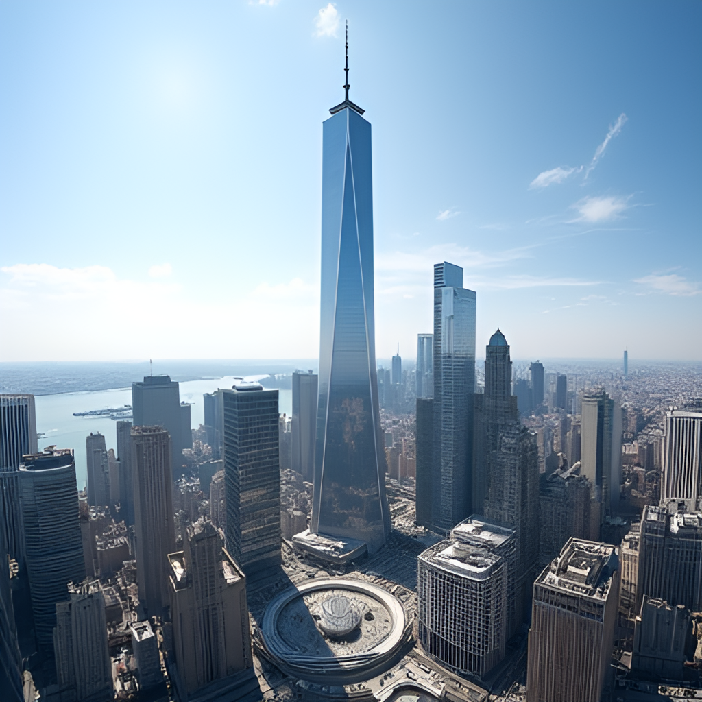 A panoramic, inspiring view of the new World Trade Center complex, featuring the majestic One World Trade Center (Freedom Tower) soaring into the sky, with the Oculus Transportation Hub and other modern skyscrapers in Lower Manhattan. The image should capture the sense of renewal and architectural marvel.