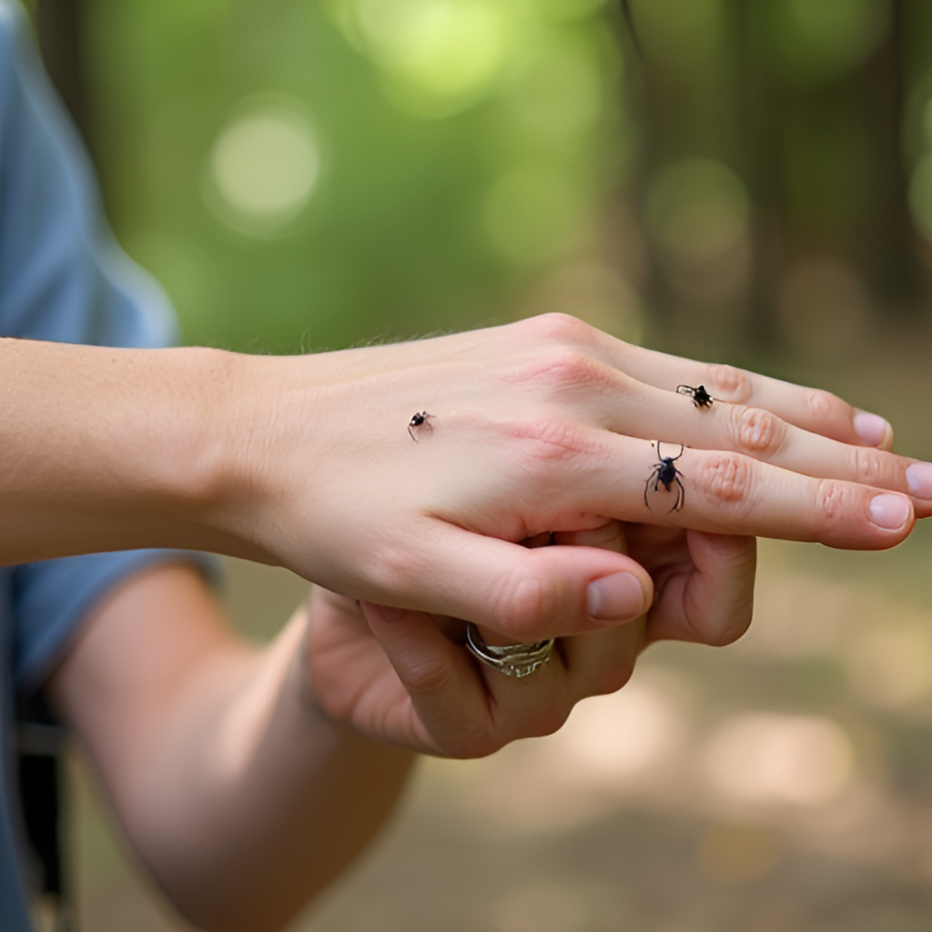 A person examining their arm for ticks after an outdoor activity, highlighting the process of a thorough tick check with a focus on hidden areas, in a natural outdoor setting.